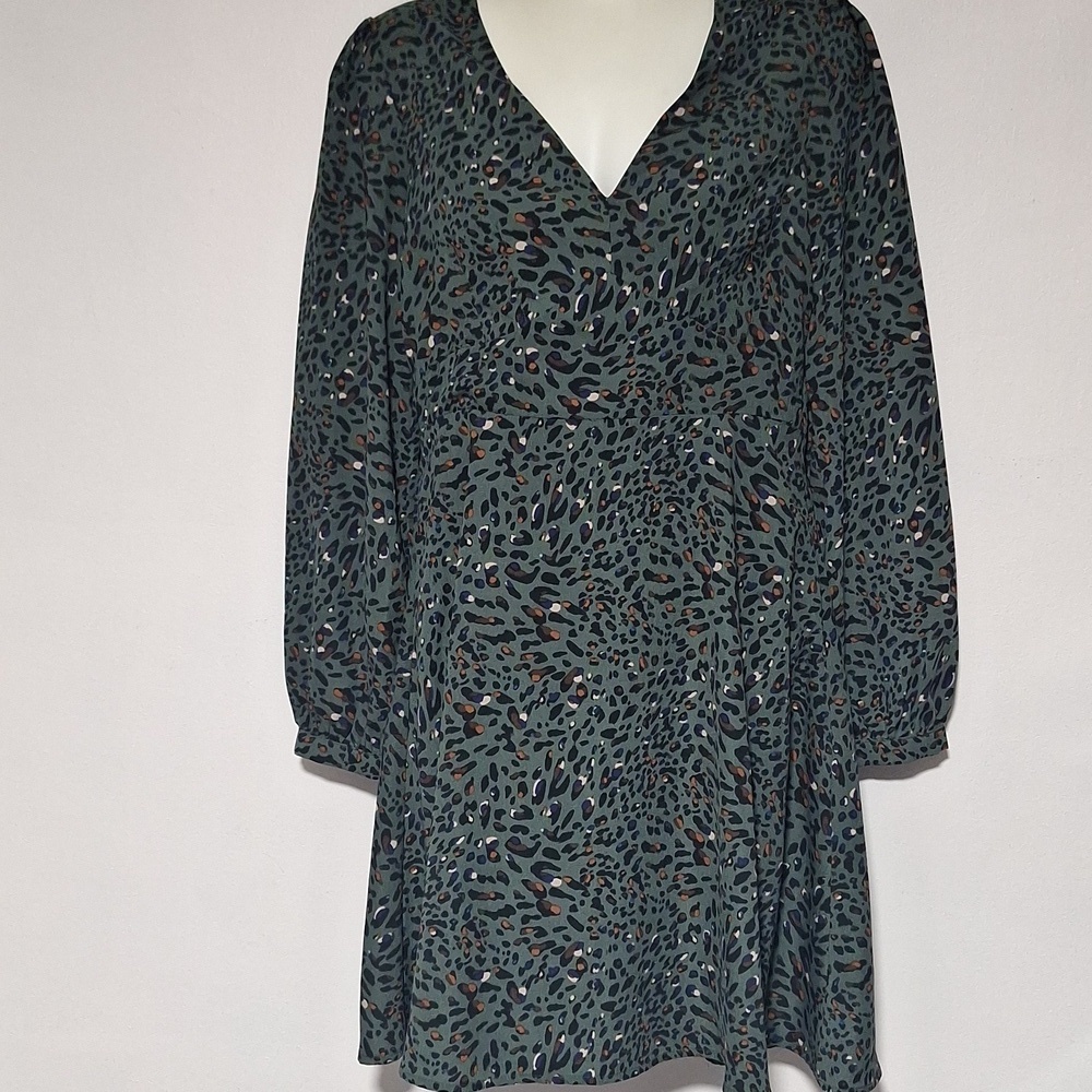Everly Green Leopard Print Long Sleeve Dress